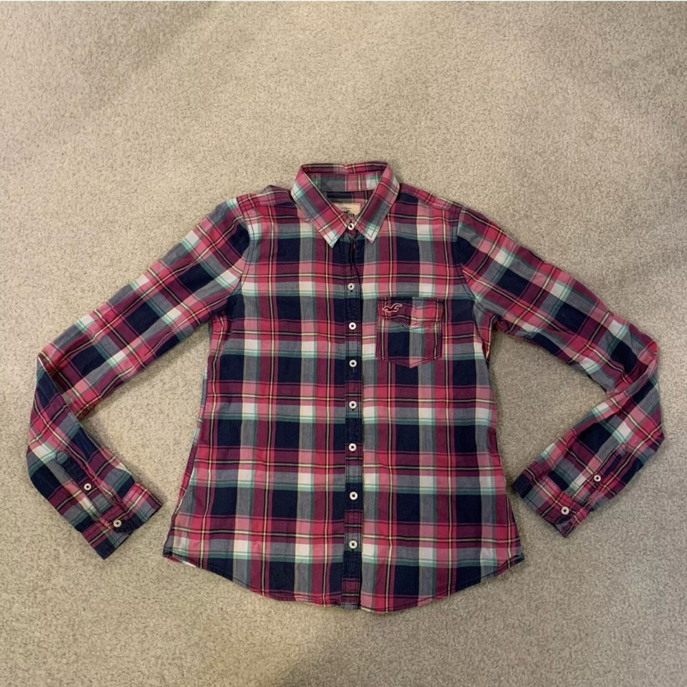 Hollister Pink Blue Plaid Long Sleeve Button Shirt Womens Size M